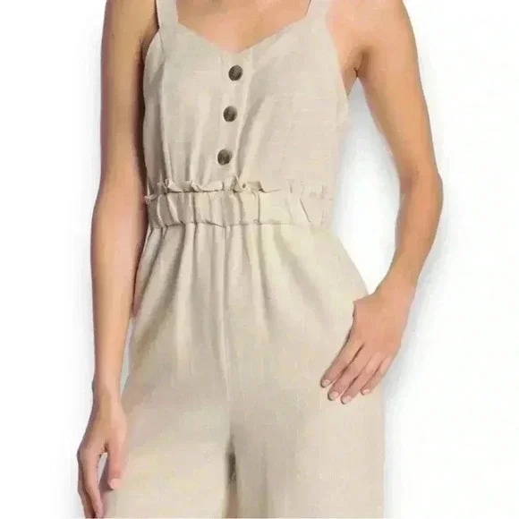Romeo & Juliet Couture Tan Striped Linen Blend Jumpsuit Adjustable strap size Lg - Picture 4 of 16